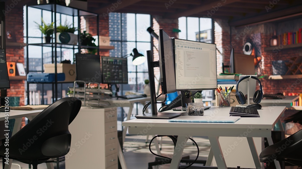 Poster empty ai tech agency workspace providing custom software development services. machine learning tech