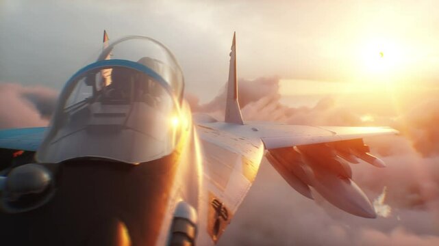 Russian military fighter jet MIG -35 flying over clouds. Air force.