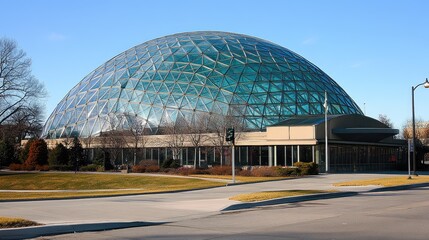 Obraz premium A massive dome-shaped building with a steel lattice structure.