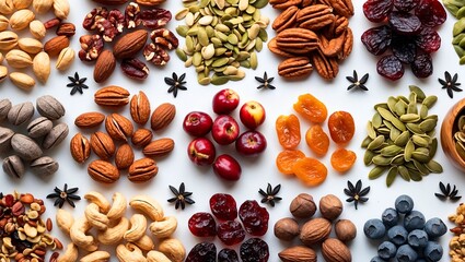 Obraz premium Colorful display of superfoods and plant-based nutrition