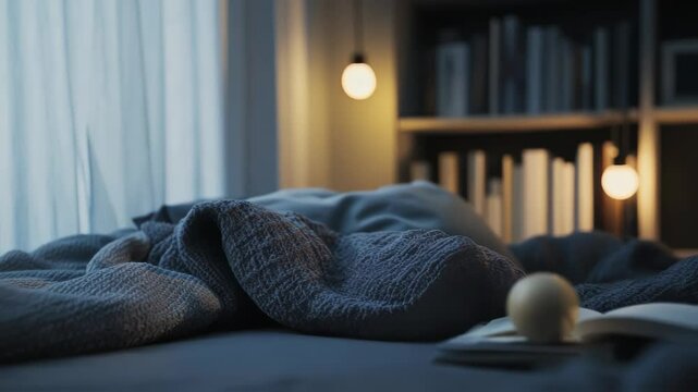 Warm lamp casting soft glow on rumpled bedding, open book, and decorative fruit, creating serene bedroom atmosphere with minimalist bookshelf backdrop