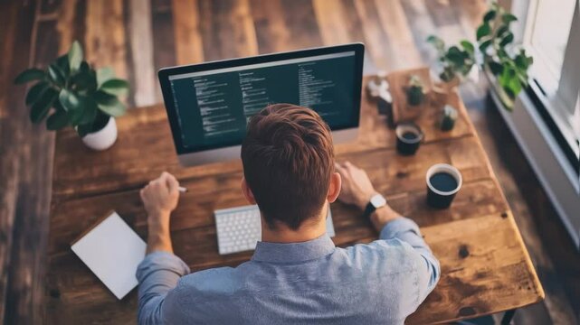 Professional software engineer writing code on computer at modern workplace, seen from above while typing on keyboard during project development
