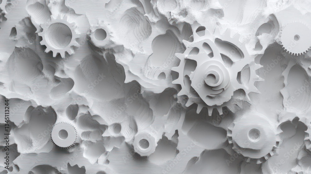 Poster abstract white gears and mechanisms. background of detailed machinery. possible use design, technolo