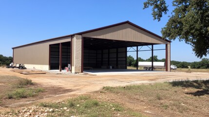 Panoramic view of an unfinished warehouse with steel rafters in place.