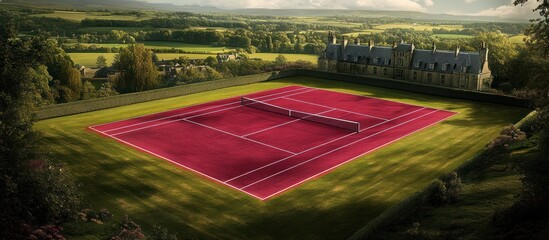 A beautiful red tennis court with a scenic landscape background