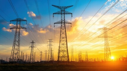 Power plant transmission lines being installed with towering pylons in the distance.