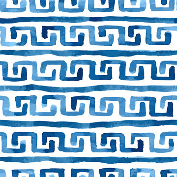Greek meander wave motif, indigo blue seamless vector pattern
