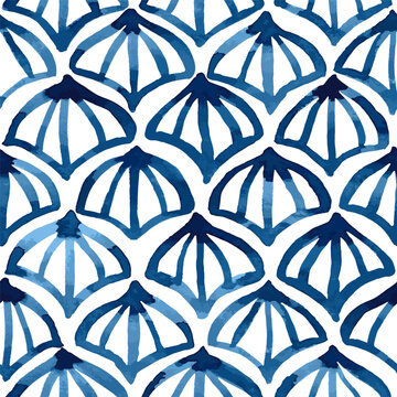 Watercolour blue Japanese pattern of scallops, shell shapes seamless vector
