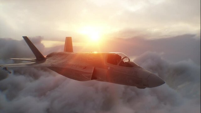 Military fighter jet F-35 flying over clouds. Air force.