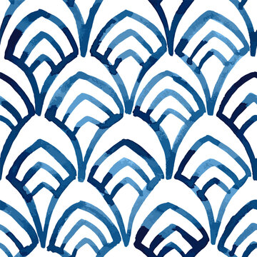 Art Deco style blue watercolour seamless vector pattern with scallops