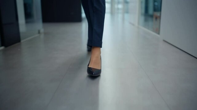 Businesswoman legs walking office in high heels closeup. Manager going office
