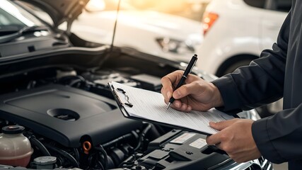 Engine check-up by mechanic, vehicle maintenance concept. Auto repair technician assessing engine performance, filling job checklist on clipboard in a professional car service center