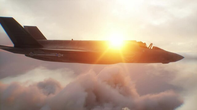 Military fighter jet F-35 flying over clouds. Air force.