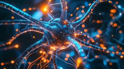 Ultra-close-up of a futuristic nanobot under a high-tech microscope, glowing blue and orange neural connections, advanced scientific visualization