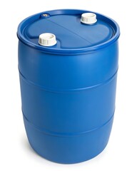 Blue plastic barrel isolated on white background for industrial storage