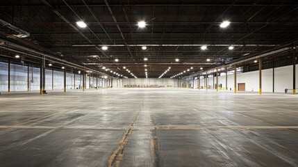 Spacious interior of an unfinished warehouse with visible steel support beams.