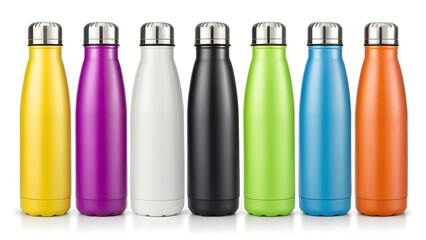 Colorful stainless steel water bottles isolated on white background