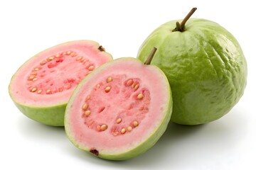 Fresh guava fruit whole and halved isolated on white background