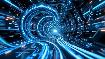 Dynamic blue energy trails in futuristic cyberspace