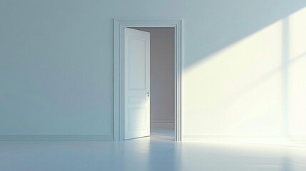 Open white door in a bright minimalist room, sunlight streaming through.