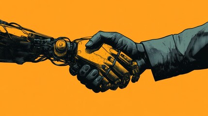 Human and robot handshake, future collaboration, orange background, technology concept