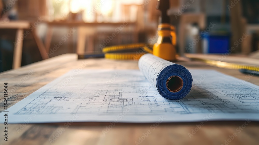 Poster a neatly folded blueprint beside a technical manual and measuring tape.