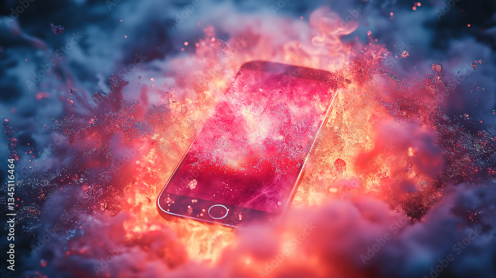 Poster exploding phone surrounded by abstract smoke, creating a powerful visual concept of tech innovation