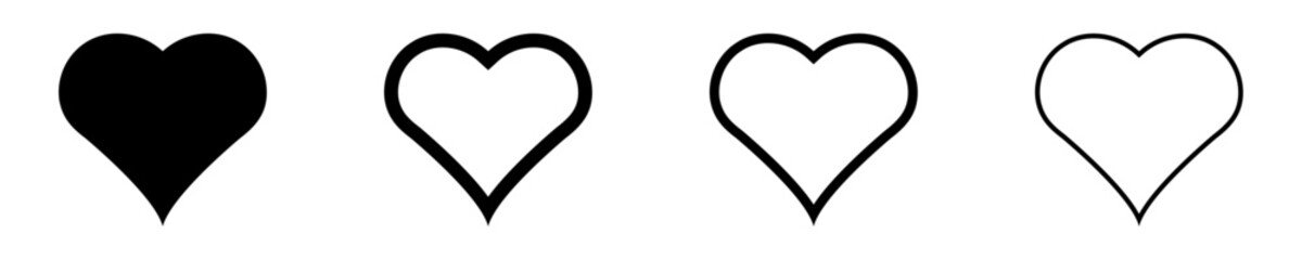 Collection of heart icons featuring bold and thin outlined heart symbols in black. Perfect vector elements for Valentine's Day, wedding invitations, greeting cards, social media, and modern design.