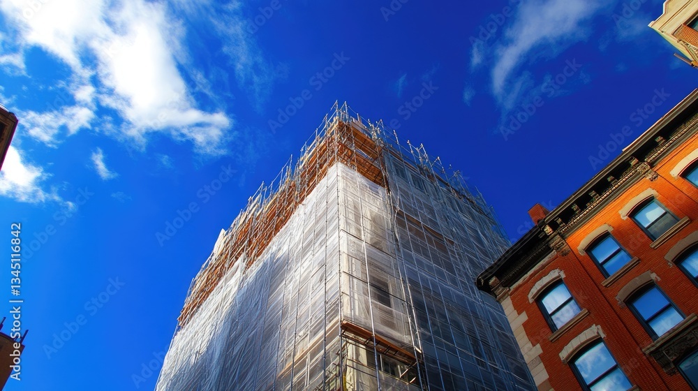 Aufkleber a partially built skyscraper wrapped in safety netting and scaffolding.