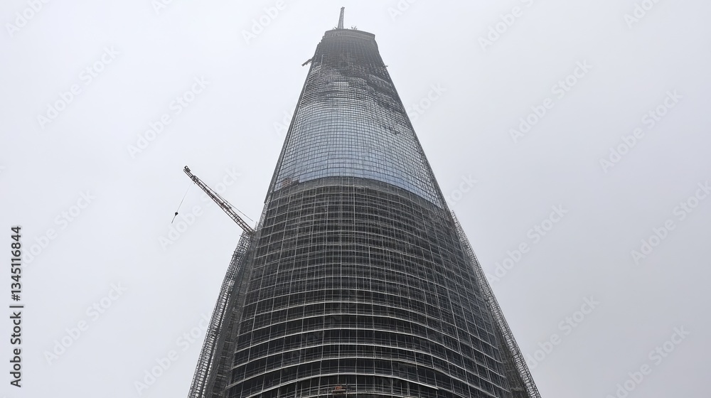Aufkleber a partially built skyscraper wrapped in safety netting and scaffolding.