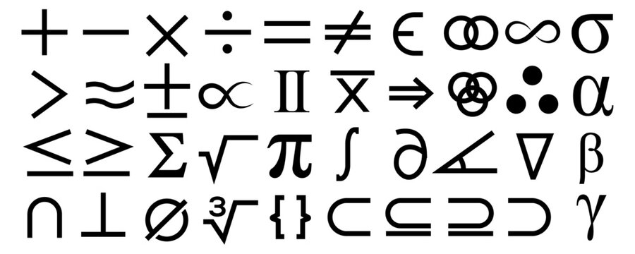 Mathematical symbols vector set, algebra and calculus signs, arithmetic operators, geometry notation, Greek letters, scientific equation symbols, physics formulas, math notation, education icons