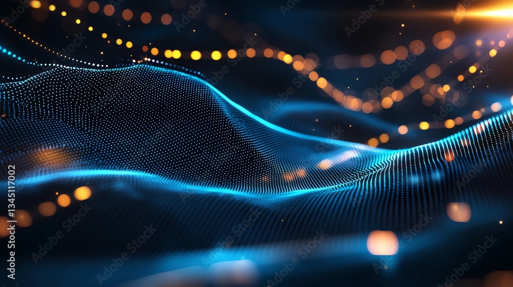 Poster a captivating abstract representation of digital waves and glowing particles