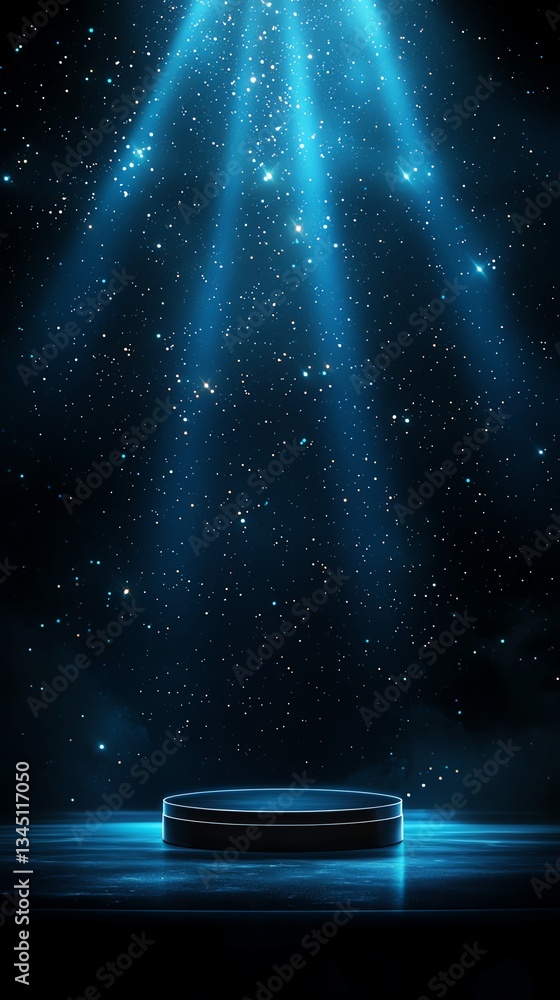 Poster a captivating blue spotlight illuminates a circular platform against a starry background, creating a