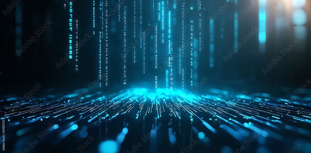 Poster a captivating digital landscape featuring glowing blue binary code cascading downwards, representing