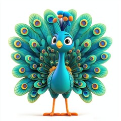 3d render A cartoon peacock, brightly colored with a vibrant blue body, green and light teal tail feathers featuring circular patterns of teal and light blue