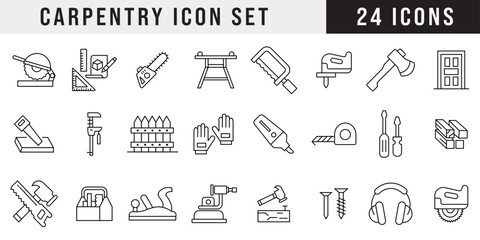 Carpentry tool icons with hammer, saw, chisel, wrench, drill, nails, woodworking, construction, hand tools, toolbox, blueprints, joinery, industrial workshop, wood crafting, vector design elements