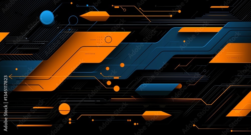 Poster a futuristic abstract background featuring a blend of orange and blue geometric lines and shapes. pe