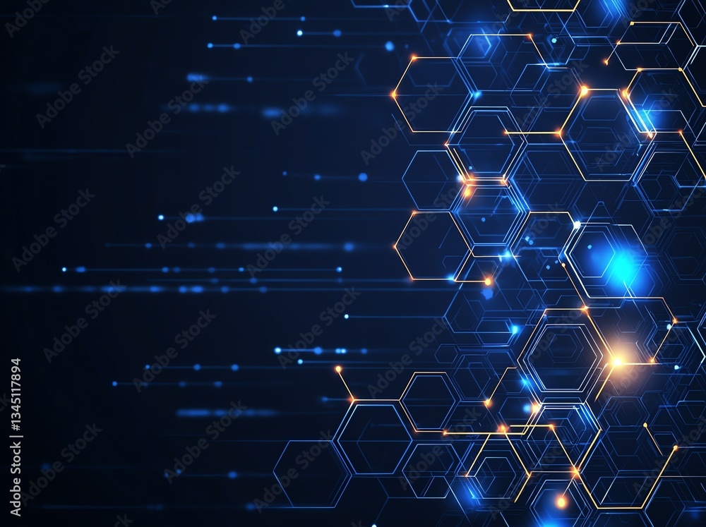 Poster a futuristic digital background featuring hexagonal patterns merged with glowing blue lights and dyn