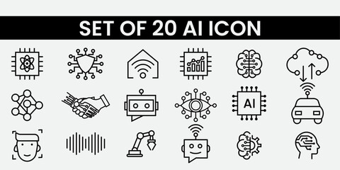 AI Technology Icons Set, Artificial Intelligence Symbols,Machine Learning, Smart Digital Processing, AI Automation, Neural Network,Data Science Icons,Futuristic Tech Illustration,High-Tech UI Design