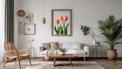 Fototapeta premium Elegant minimalist interior featuring framed tulip artwork