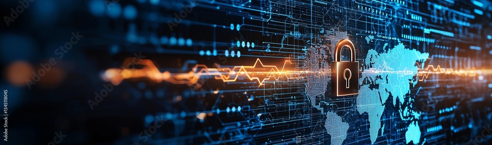 Poster a futuristic representation of global cybersecurity, featuring a digital world map with a padlock sy
