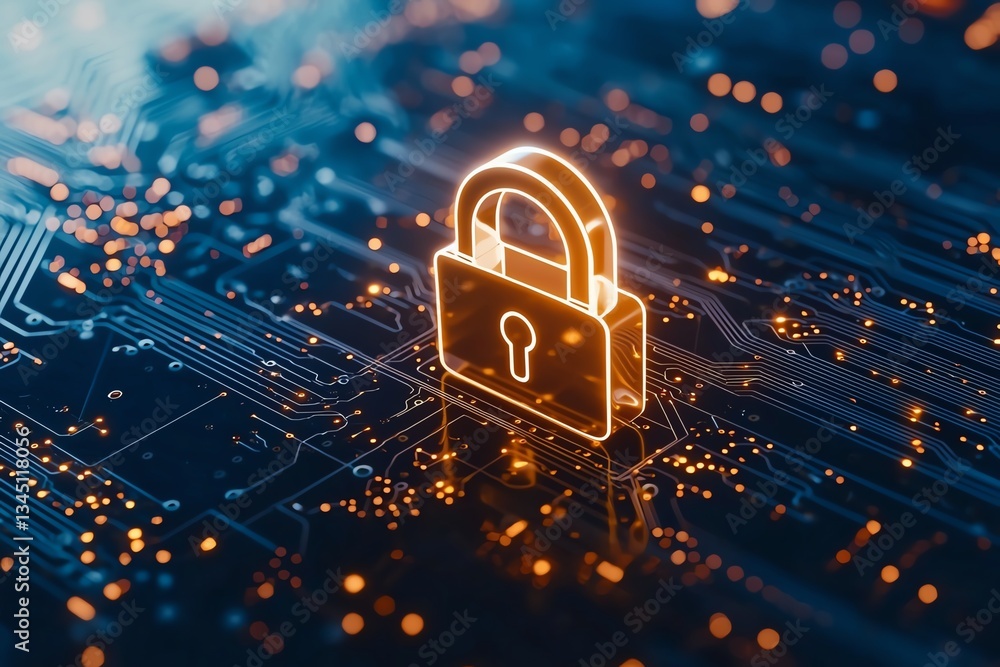 Poster a glowing lock symbol on a dark circuit board background, representing digital security and encrypti
