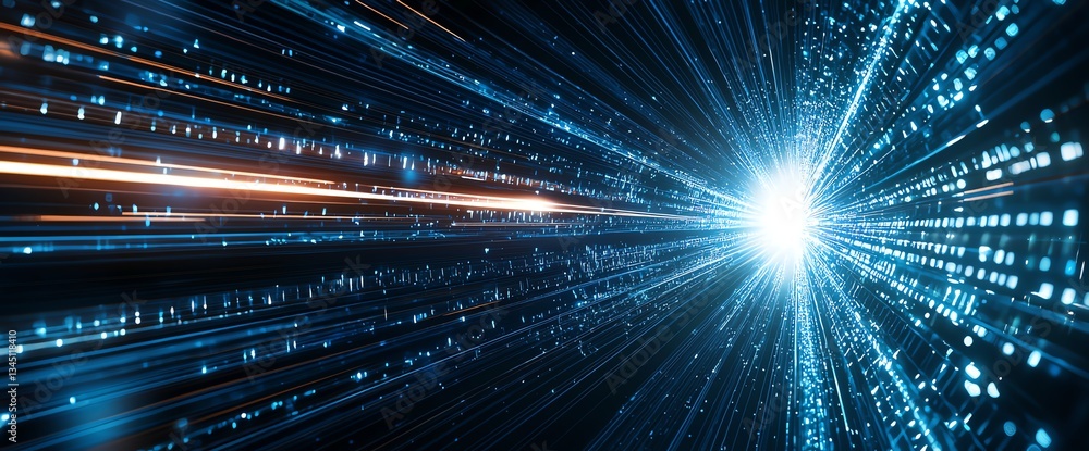 Poster a mesmerizing display of light rays and digital particles, representing high-speed technology and da