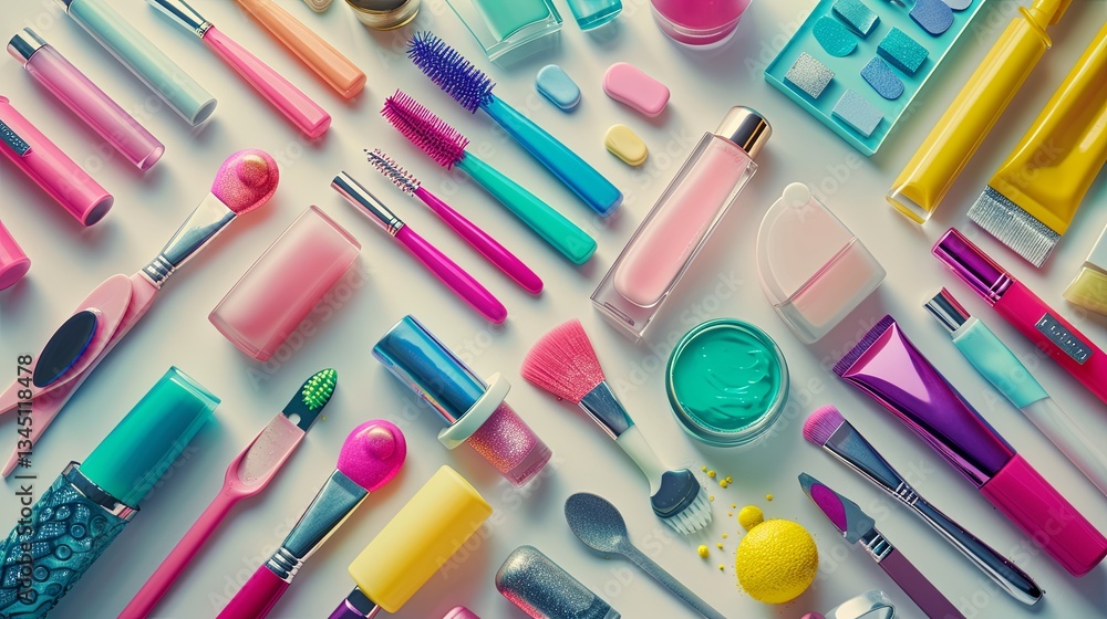 Poster colorful nail polishes and manicure tools arranged neatly on a light background for an organized bea
