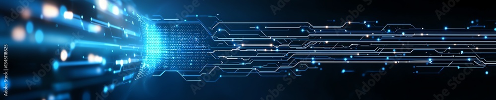 Poster a striking digital background featuring a futuristic blue glow with flowing lines and circuit patter