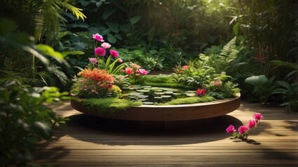 Fototapeta premium A green minimalist stage setting featuring a cylindrical platform surrounded by various lush green plants and trees
