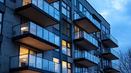 A residential high-rise building with multiple balconies and glass railings.