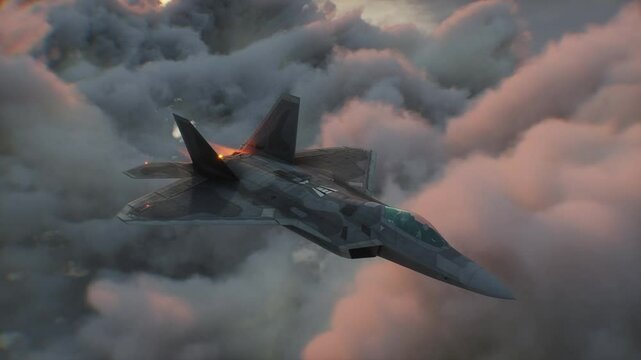 Military fighter jet F-22 flying over clouds. Air force.