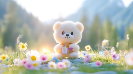 Fototapeta premium Adorable teddy bear in a meadow. A heartwarming image of a cheerful teddy bear, seated amidst a vibrant meadow filled with wildflowers. 