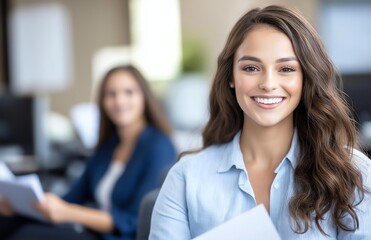 A young professional woman smiles confidently while holding documents in a modern office setting, embodying teamwork and productivity